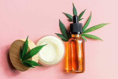 CBD Cannabidiol yağ şişeleri Kenevir kremi ve pembe arka planda kenevir yaprakları