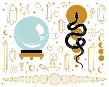 Yılan ve kristal küreli esrarengiz eşyalar.