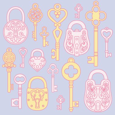 Çeşitli dekoratif anahtarlar ve kilitler