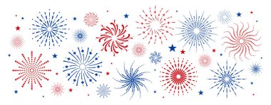 Bağımsızlık Günü ABD, Vatansever, 4 Temmuz. Kırmızı, mavi, beyaz Birleşik Devletler bayrak renkleri. İşçi Bayramı ya da Anma Günü. Parlak Havai fişeklerle donatılmış, Stars. Sancak, sınır. Vektör izole edildi