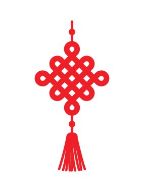 Püsküllü Çin şanslı düğümü. Ay Yeni Yıl Madalyası. Kırmızı ip, düğümler. Geleneksel Çin püskülleri. Çin süsü vektör çizimi izole edildi