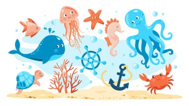 Okyanus Hayvanları. Deniz hayatı unsurları. Denizanası, Yengeç, Kaplumbağa, Ahtapot, Balık, Mercan, Denizyıldızı, Deniz atı, Balina, Anchor. Deniz yaratıklarına sahip çocuksu deniz piyadesi kızlar ve oğlanlar için Bebek partisi, doğum günü