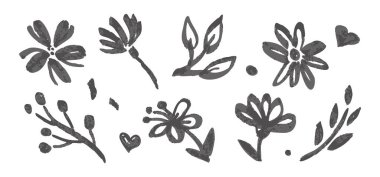 Siyah pastel boyalı papatya, çiçek ve bitkiler çocuk tarzında. Elle çizilmiş papatyalar, organik şekiller, mürekkep çizgileri. Scribble grunge fırça dokusundaki botanik elementler. Vektör çizimi izole edildi