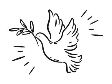 Barış güvercini. Zeytin dalı uzatan uçan güvercin kuşu. Umut, özgürlük, ateşkes, kutsal ruh, Tanrı, temiz, barış, inanç, ilahi ilahi ilahi ilahi ilahi irade, Pazar günü, düğün. Vektör çizimi izole edildi