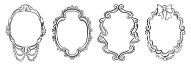 Retro Antika Viktorya tarzı el yapımı çerçeveler. Lüks, kadınsı aksesuar, mücevher, dekoratif kenarlı çerçeveler. Kutlama kartları, düğün ve davetiyeler için klasik cinsel ilişki unsurları. Vektör çizimi izole edildi