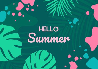 Merhaba Summer, orman yapraklı indirimli pankart. Tropikal yaprakları, palmiyesi, canavarı olan bir tatil geçmişi. Tanıtım amaçlı modern trend vektör illüstrasyonu