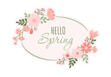 Çiçekli ve yapraklı Bahar Mektubu. Çıkartma. Yabani çiçekler. Yaz sezonu. Bahar tatilleri için çiçek çelengi, davetiye, tebrik kartı, afiş, poster, şablon geçmişi. Vektör çizimi izole edildi