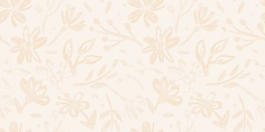 Elle çizilmiş papatya çiçekleri ve bitkilerle bej renksiz desen, organik şekiller, mürekkep kabarıklığı. Scribble grunge fırça dokusundaki botanik elementler. Kumaş, tekstil, duvar kâğıdı ve ambalaj için arka plan yineleniyor