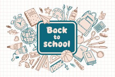 Okul malzemeleri, kareli kağıt üzerine karalamalar. Okula, çevrimiçi okula. Web afişi, web sitesi için poster şablonu, iniş sayfası ve mobil uygulama. Doodle biçimi izole edilmiş vektör çizimi