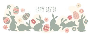 Tavşanlı Paskalya bayrağı, Paskalya yumurtaları, bahar çiçekleri. Yumurta avı. Pastel renklerde moda yatay poster, tebrik kartı