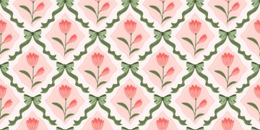 Dekoratif çiçekli, çarşafsız desenli yeşil fiyonklu ve kurdeleli. Büyüleyici çiçek desenli bir tasarım. Damask İlkbahar veya Yaz Botanik Sonsuz arkaplan kumaş, tekstil, duvar kağıdı, ambalaj kağıdı