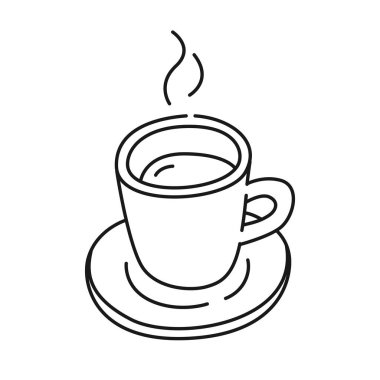Doğrusal tarzda bir fincan kahve, karalama. Sıcak kahve logosu, el çizimi tabela. Kahve molası. Kahve kupası. Taslak Vektör illüstrasyonu izole edildi