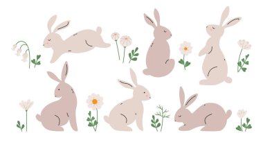 Cute set with bunny and flowers. Rabbits and blooming flowers. Cute Easter bunnies set with spring elements for Easter holiday, greeting cards, kids design. Flat hand drawn vector illustration
