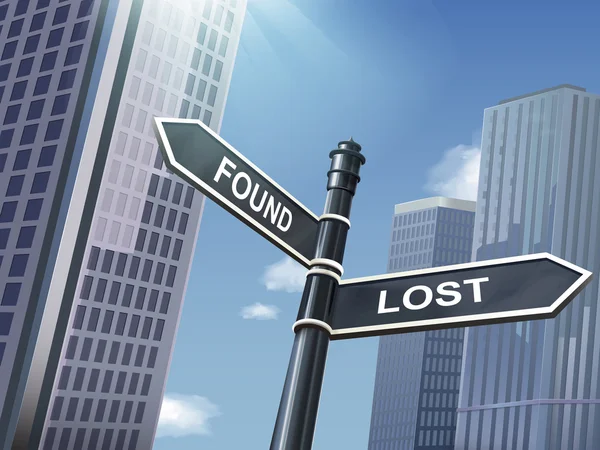 3d sinal de estrada dizendo perdido e encontrado — Vetor de Stock