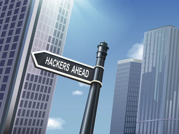3d sinal de estrada dizendo hackers à frente —  Vetores de Stock