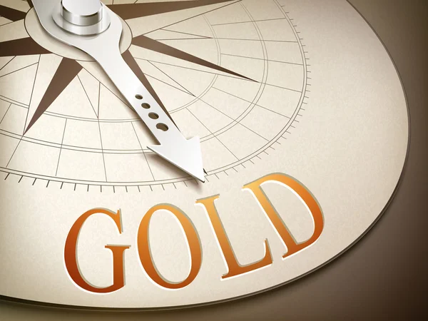 Трехмерная стрелка компаса, указывающая на слово золото — стоковый вектор