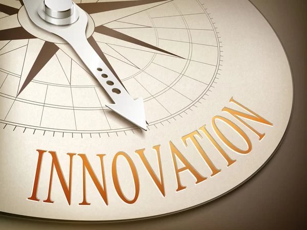 Aguja brújula 3d señalando la palabra innovación — Vector de stock