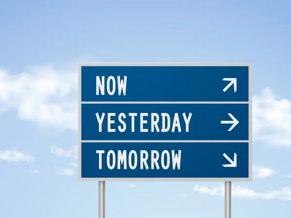 3d cartello stradale illustrazione con ora ieri e domani — Vettoriale Stock
