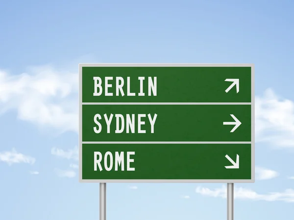 3d illustration road sign with berlin rome and sydney — Stock Vector