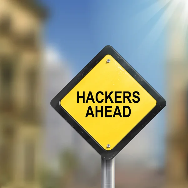 Ilustração 3d de roadsign amarelo de hackers à frente —  Vetores de Stock