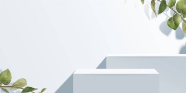 Beyaz stüdyo arka planında yaprakları olan üç boyutlu bir podyum. 3d illüstrasyon ürün görüntüleme aşaması