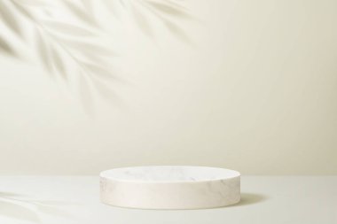 3D illüstrasyonda ürün sergilenmesi için bir bitki dalının gölgesi ile yuvarlak podyum