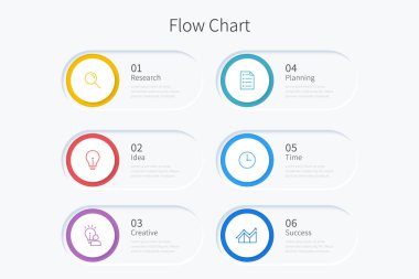 Altı daire elemanı ve simgesi olan akış grafiği bilgi şablonu