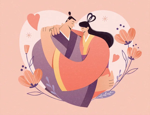 Asiatisches Paar Hält Einander Auf Floralem Hintergrund Konzept Der Liebe — Stockvektor