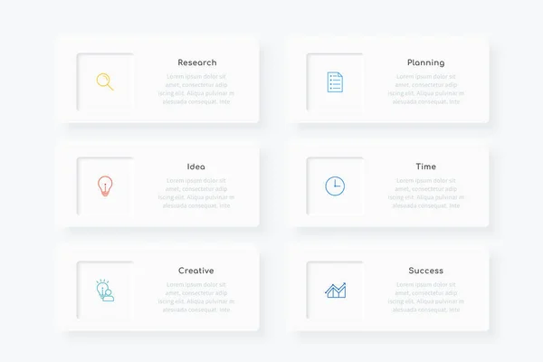 Minimales Design Der Infografik Vorlage Mit Sechs Linearen Symbolen Und — Stockvektor