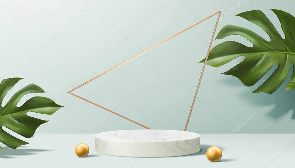 Product display podium decorated with pearls and leaves on aqua blue, 3d illustration 
