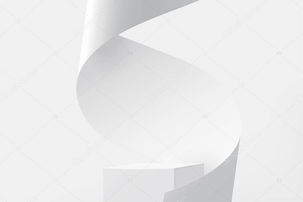 3D pedestal podium with white paper swirl flow on white studio background, product display stage in 3d illustration 