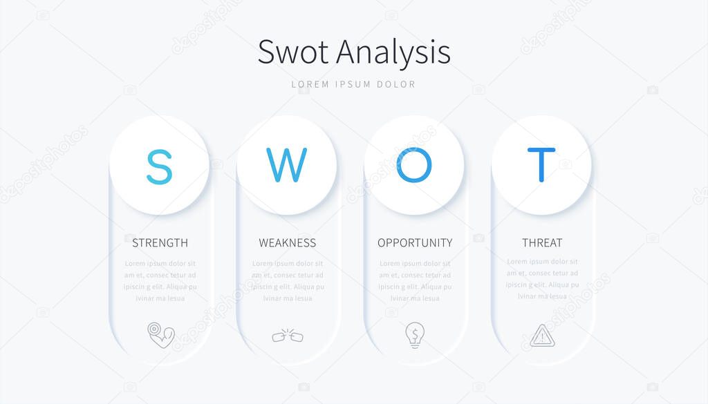 SWOT analysis infographic design with four round label elements, concept of company evaluation framework