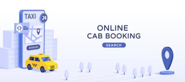 Çevrimiçi otomobil rezervasyon uygulaması reklam şablonu, online araba kiralama uygulaması açık mavi arka planda 3D minimal illüstrasyon