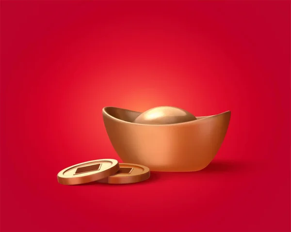 Ilustración Lingote Oro Monedas Aisladas Sobre Fondo Rojo Elementos Diseño — Vector de stock
