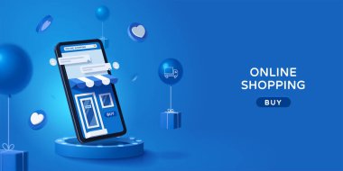 Podyumda cep telefonuyla çevrimiçi mağaza. Yüzen hediye kutuları bir yana, üç boyutlu internet alışveriş afişi.