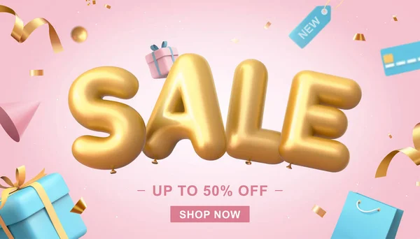 Απεικόνιση Της Πώλησης Πανό Ροζ Φόντο Πώληση Λέξη Μπαλόνι Πιστωτική — Διανυσματικό Αρχείο