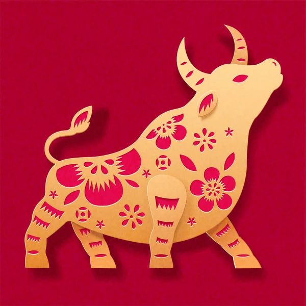Hermoso Símbolo Toro Con Motivos Florales Diseñado Estilo Corte Papel — Archivo Imágenes Vectoriales