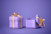 3D ilustrace dvou fialových dárkových krabic s luky a stuhami, izolovaných na fialovém pozadí