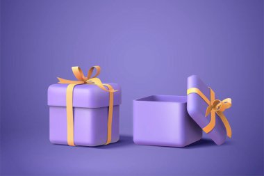 3d illustration of two purple gift boxes with bows and ribbons, isolated on purple background clipart