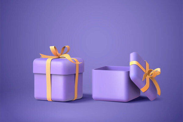 3d иллюстрация двух фиолетовых подарочных коробок с бантами и лентами, изолированных на фиолетовом фоне