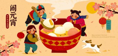 Cute Asian children enjoying a large bowl of sweet glutinous rice balls. Translation: Chinese Lantern festival, Enjoying the lantern and moon scene with family