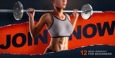 Spor salonu için banner reklam şablonu. Arka planda siyah yırtık kağıt efektli halter kaldıran atletik kadının üç boyutlu resmi.