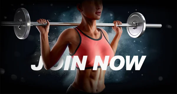 Banner ad template for powerful fitness training. 3d illustration of athletic woman doing barbell squat with white powder explosion in the background.