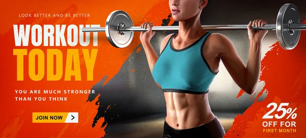 Energetic fitness training banner ad. 3d illustration of athletic woman doing barbell squat designed with blurred gym scene and orange brush stroke in the background.