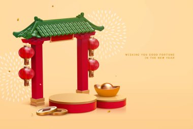 Luxury 3d Chinese new year product display background with Chinese roof and podium. clipart