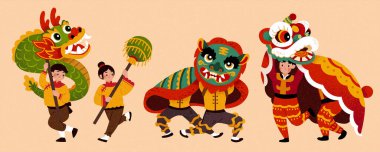 People characters for Chinese new year parade, isolated on beige background. Cute Asian teen boys and girls performing traditional dragon and lion dance. vector People characters for Chinese new year parade, isolated on beige background. Cute Asian teen boys and girls performing traditional dragon and lion dance. vector