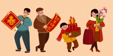 Şirin Asyalı aile, CNY tatil hazırlığı için alışveriş yapıyor. Bej arka planda izole edilmiş insanlar. Çeviri: 