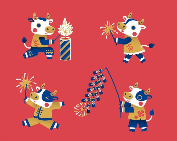 Niedlicher Ochse Mit Chinesischer Kleidung Zündet Feuerwerkskörper Tierfiguren Isoliert Auf — Stockvektor