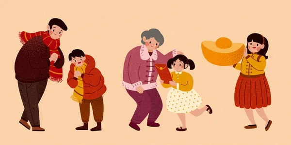 Asiatique Mignon Profiter Réunion Famille Annuelle Personnages Pour Nouvel Chinois — Image vectorielle