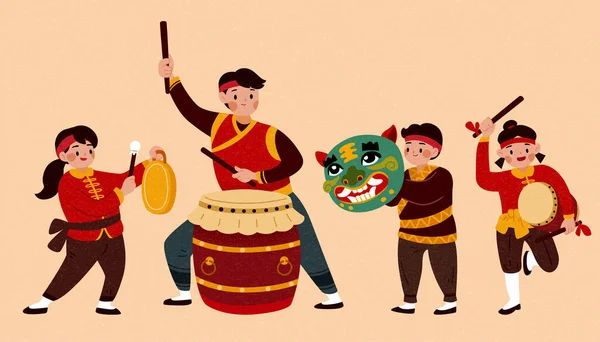 Personnages Personnes Isolées Pour Activité Défilé Nouvel Chinois Mignon Asiatique — Image vectorielle